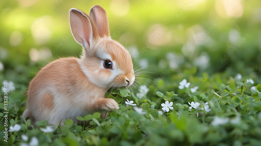 Fototapeta premium A baby rabbit is eating grass in a field.