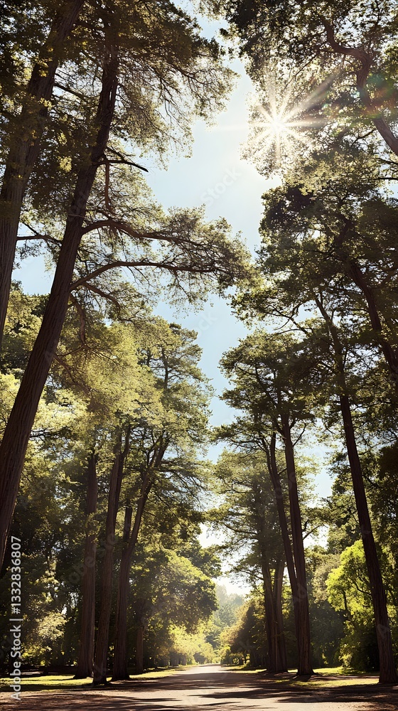 Fototapeta premium Sunlit Pathway Through Majestic Pine Trees