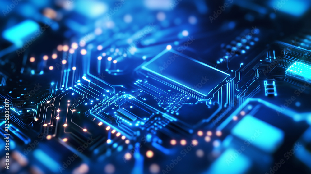 Digital abstract circuit board background, showcasing interconnected components like capacitors, resistors, and microchips, all bathed in a futuristic blue glow. This image represe Digital abstract circuit board background, showcasing interconnected components like capacitors, resistors, and microchips, all bathed in a futuristic blue glow. This image represe