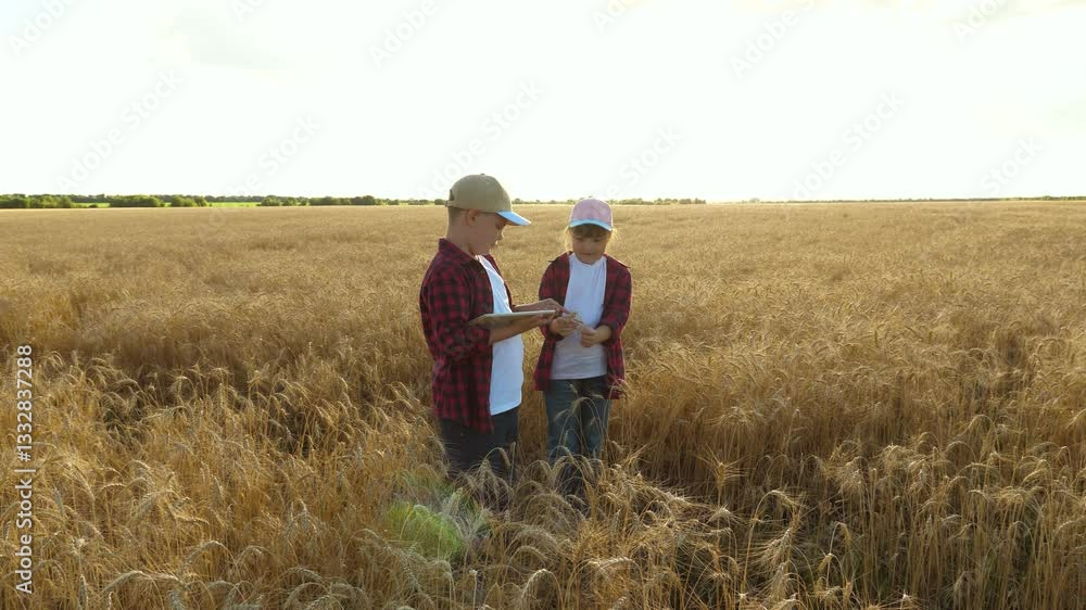 boy girl standing wheat field, examining wheat closely, boy holding digital tablet, girl holding handful wheat, children dressed casual farm-style clothing, modern technology being used agriculture. boy girl standing wheat field, examining wheat closely, boy holding digital tablet, girl holding handful wheat, children dressed casual farm-style clothing, modern technology being used agriculture.