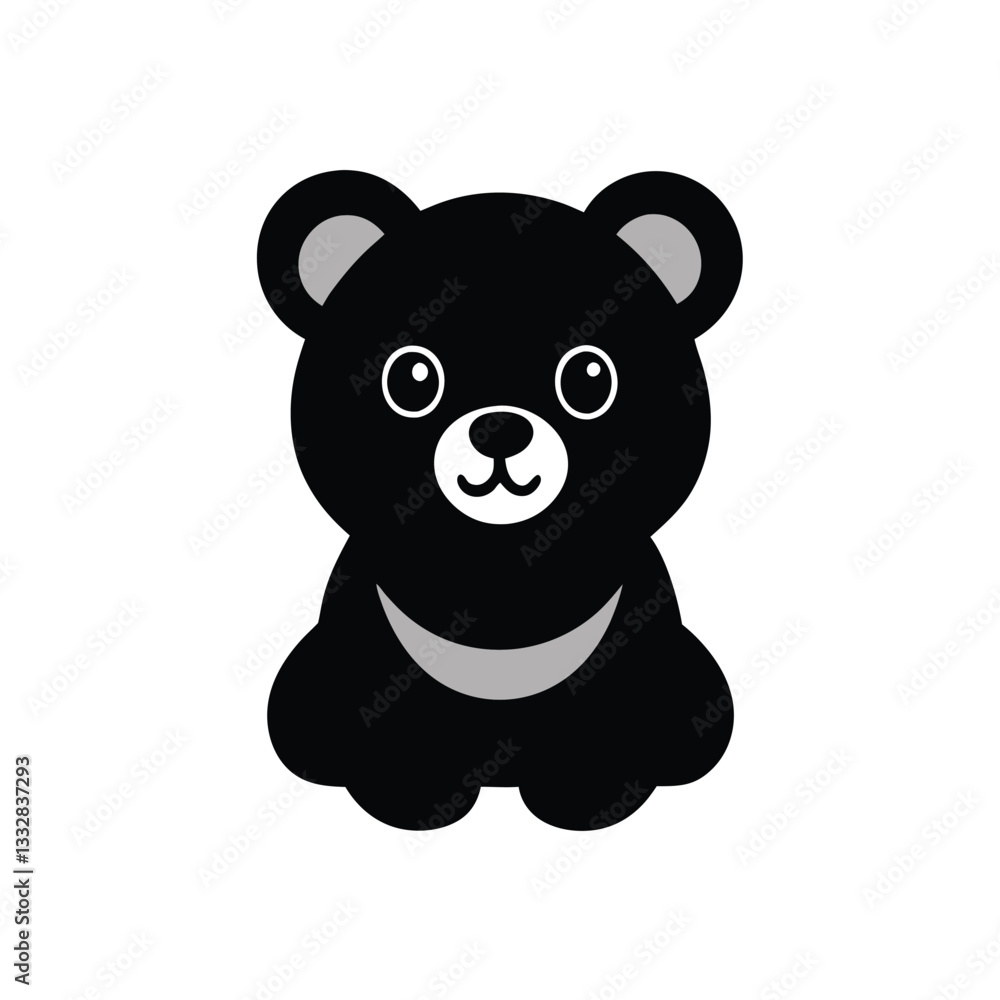 Obraz premium A simple black and gray cartoon illustration of a cute, adorable baby black bear cub sitting. The design is flat and minimalist.