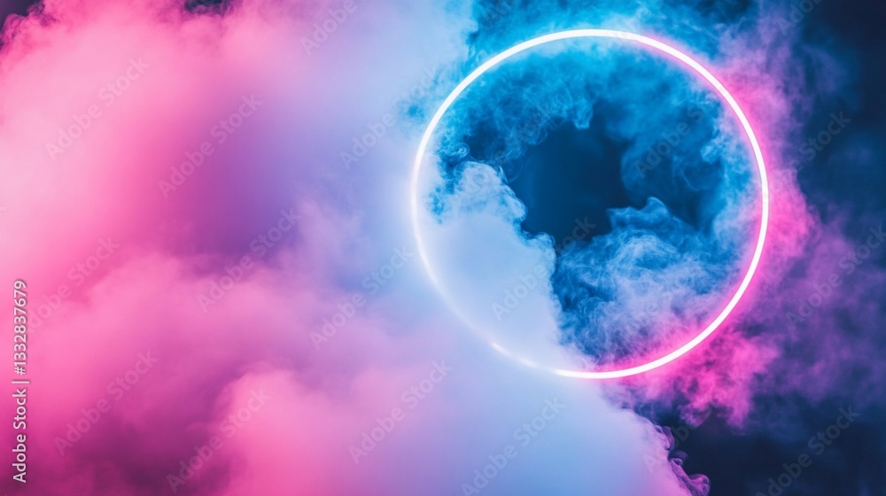 Obraz premium Neon Circle in Pink and Blue Smoke Background