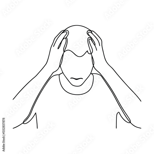 Singleline drawing of stressed man, headache, anxiety, worry, tension
