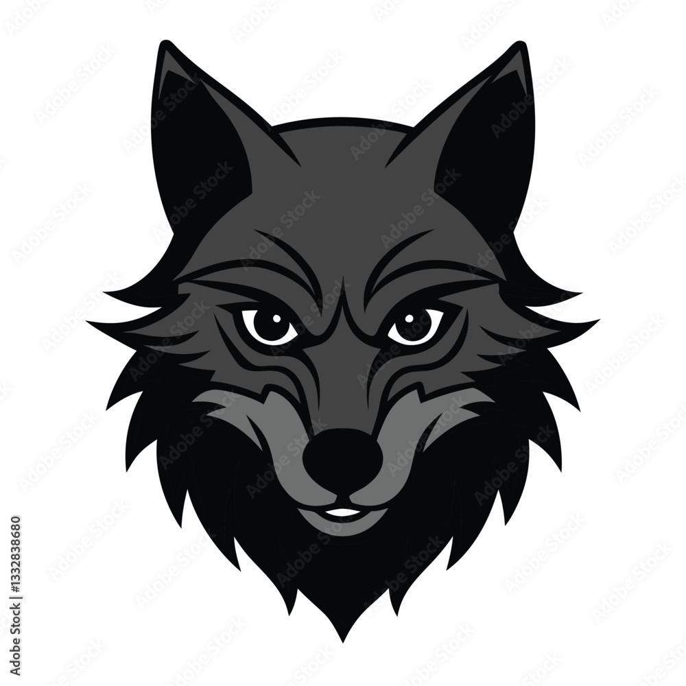 Fototapeta premium A stylized grayscale wolf head illustration. Sharp features, intense gaze, and a detailed fur texture are depicted in a vector art format, suitable for logos or prints.