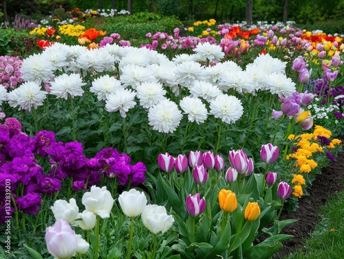 Vibrant Multicolor Flower Garden with White Dahlias, Purple Iris, Yellow Tulips, and Pink Flowers in a Lush Green Outdoor Setting