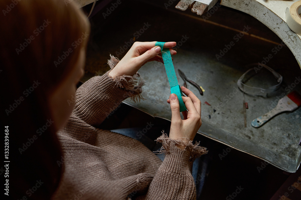 Obraz premium Hands holding and examining small hand tool over a cluttered workbench with various tools visible in the background and clipboard attached at side