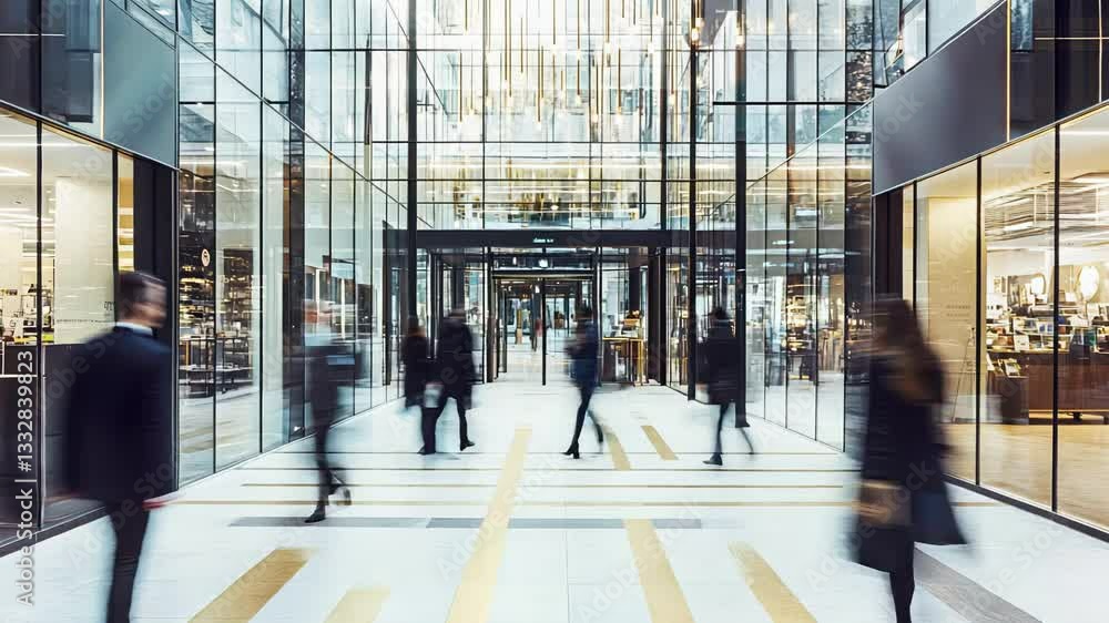 Modern urban passageway: people traversing a glasspanelled shopping corridor