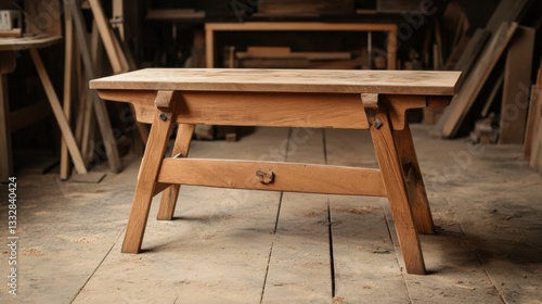 Rustic wooden workbench in a workshop.