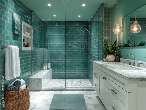 Modern Luxury Bathroom with Glass Shower and Green Subway Tiles  
