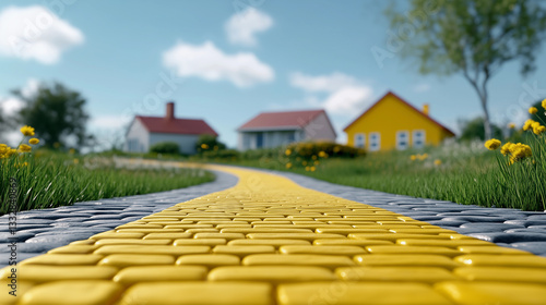 Yellow brick road leads to colorful houses in a vibrant rural setting surrounded by greenery.The golden brick road runs off into the distance.