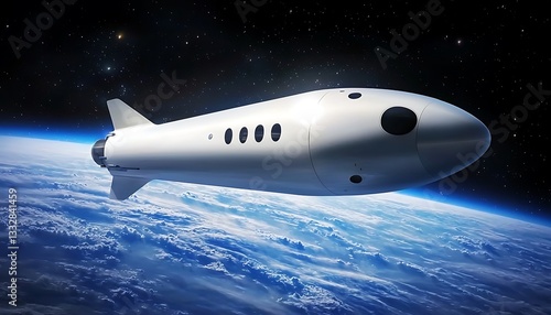Fototapeta Naklejka Na Ścianę i Meble -  A sleek white spacecraft is soaring above the blue planet Earth
