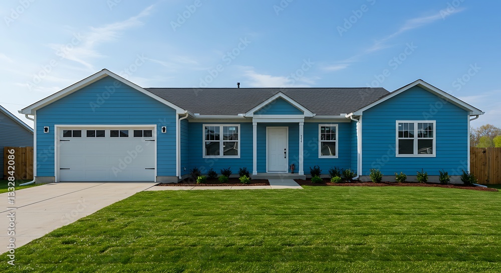 Front View of a Newly Built Ranch-Style Home with Blue Vinyl Siding and a Spacious Lawn Front View of a Newly Built Ranch-Style Home with Blue Vinyl Siding and a Spacious Lawn