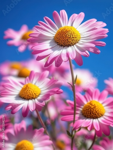 Vibrant Pink and White Daisies Blooms Under Clear Blue Sky Captured in Close-Up Photography with Sunny Backdrop