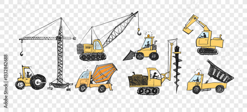 Vector doodle sketch of various construction vehicles, including cranes, excavators, trucks, and loaders, in hand-drawn style