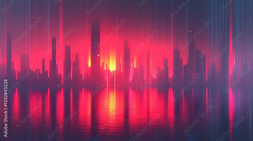 an artistic view of city skyline reflecting in water under vibrant red sky an artistic view of city skyline reflecting in water under vibrant red sky