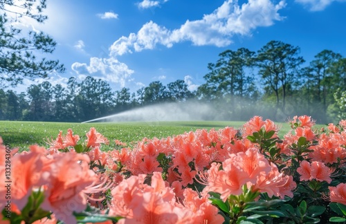 Vibrant Pink Azaleas in Bloom with Lush Green Lawn and Blue Sky, Capturing Nature's Beauty with Sprinkler Spray in the Background