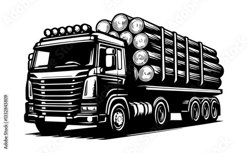 The logging truck has a black and white logo on an isolated background. Vector graphics. EPS.