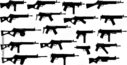 Graphic black detailed silhouette pistols, guns, rifles, submachines, revolvers and shotguns. Isolated on white background. Vector weapon and firearm icons set.