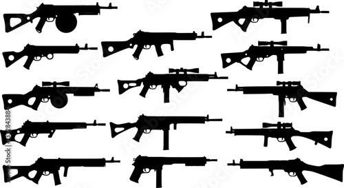 Graphic black detailed silhouette pistols, guns, rifles, submachines, revolvers and shotguns. Isolated on white background. Vector weapon and firearm icons set.