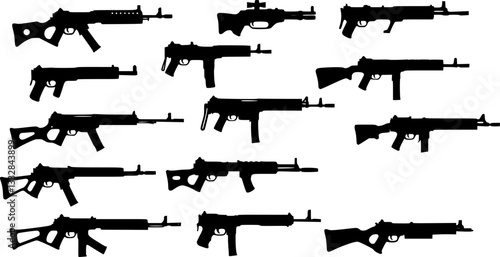 Graphic black detailed silhouette pistols, guns, rifles, submachines, revolvers and shotguns. Isolated on white background. Vector weapon and firearm icons set.