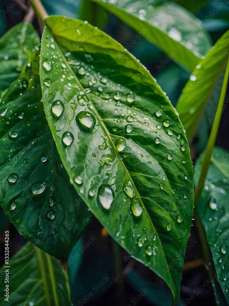 Close-up of large green leaves with water droplets, showcasing their freshness Close-up of large green leaves with water droplets, showcasing their freshness