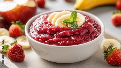 Wallpaper Mural Fresh fruit puree made from apple, banana, and strawberry served in a bowl with sliced fruits on a wooden tray Torontodigital.ca