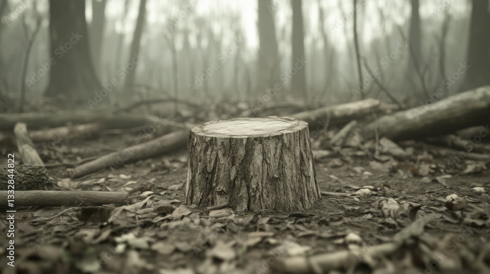 Obraz premium Tree stump in a misty forest with fallen branches.