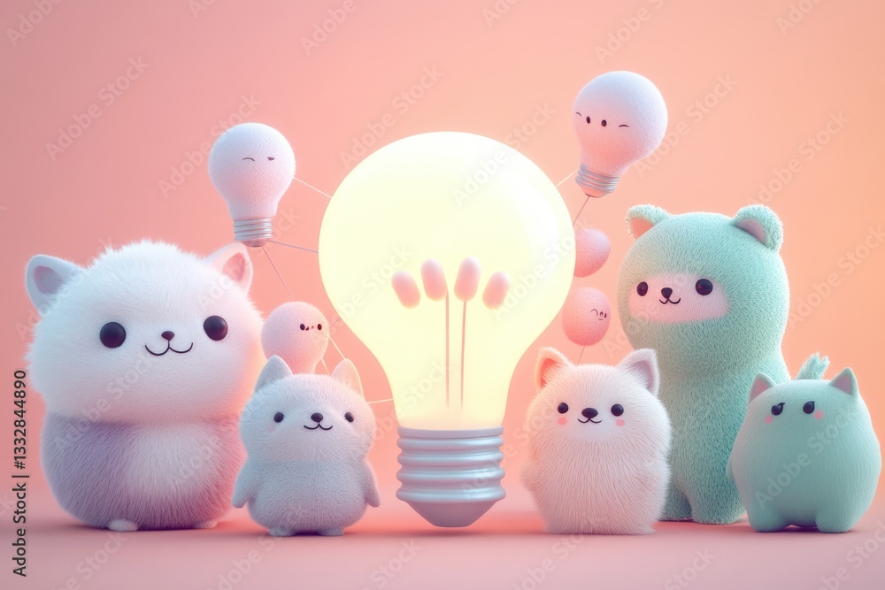 Adorable fluffy animals surround a glowing lightbulb, symbolizing creative teamwork and bright ideas.