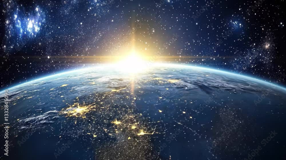 View of Earth from space at dawn with twinkling city lights illuminating the landscape, aerial view of earth from space with twinkling lights from cities View of Earth from space at dawn with twinkling city lights illuminating the landscape, aerial view of earth from space with twinkling lights from cities