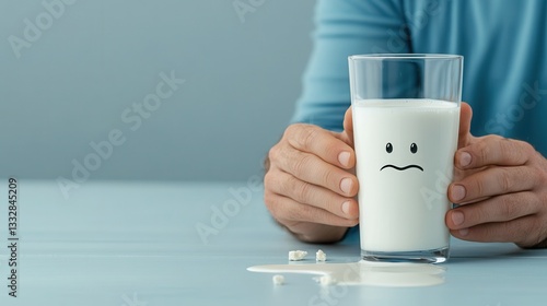 Spilled milk with a sad face emoji representing lactose intolerance and discomfort captured in dramatic lighting