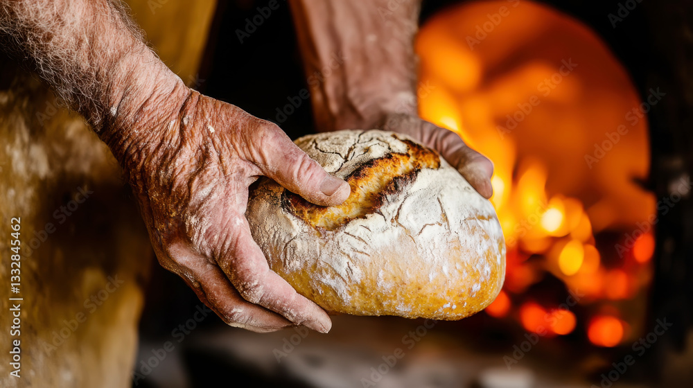 Fototapeta premium Elderly artisan baker with freshly baked crackling bread from traditional wood-fired oven