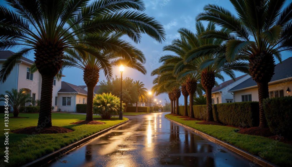 Fototapeta premium Palm tree-lined street after rain with reflections on wet pavement under glowing evening lights