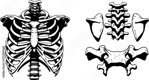 Graphic detailed black and white colorful human skeleton thorax bones. Isolated on white background. Vector icon set.
