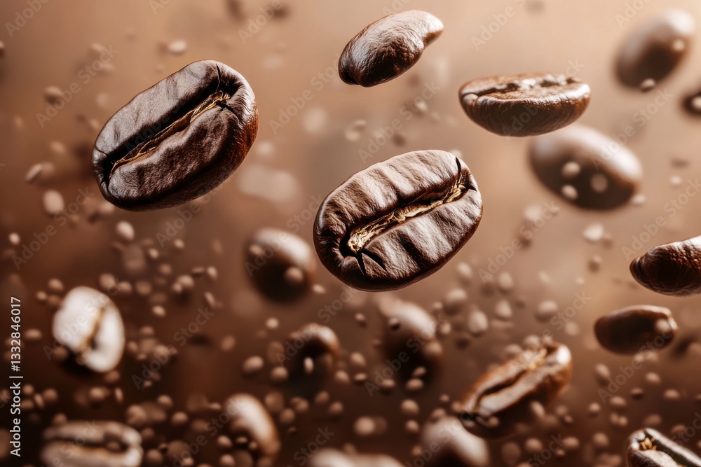 Dynamic coffee beans falling on a blurred background. Creative concept for product presentation Dynamic coffee beans falling on a blurred background. Creative concept for product presentation