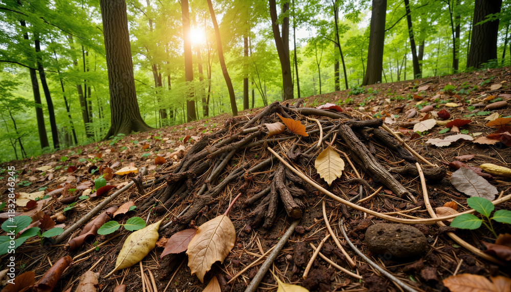 Fototapeta premium Decomposing organic matter in a forest ecosystem enriching the soil naturally