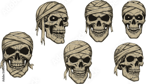 Graphic detailed realistic black and white scary egyptian mummy skulls with eyes, teeth and bandage. Isolated on white background. Vector icon set.
