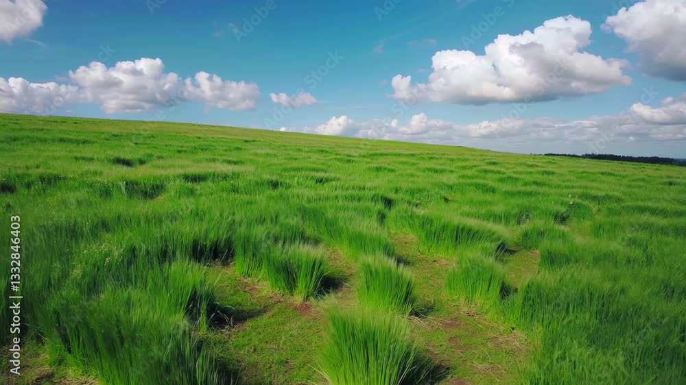 Lush green wheat field swaying gently in the wind under a vibrant blue sky dotted with fluffy white clouds creates a serene and picturesque landscape Lush green wheat field swaying gently in the wind under a vibrant blue sky dotted with fluffy white clouds creates a serene and picturesque landscape