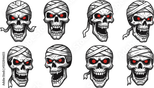 Graphic detailed realistic black and white scary egyptian mummy skulls with eyes, teeth and bandage. Isolated on white background. Vector icon set.
