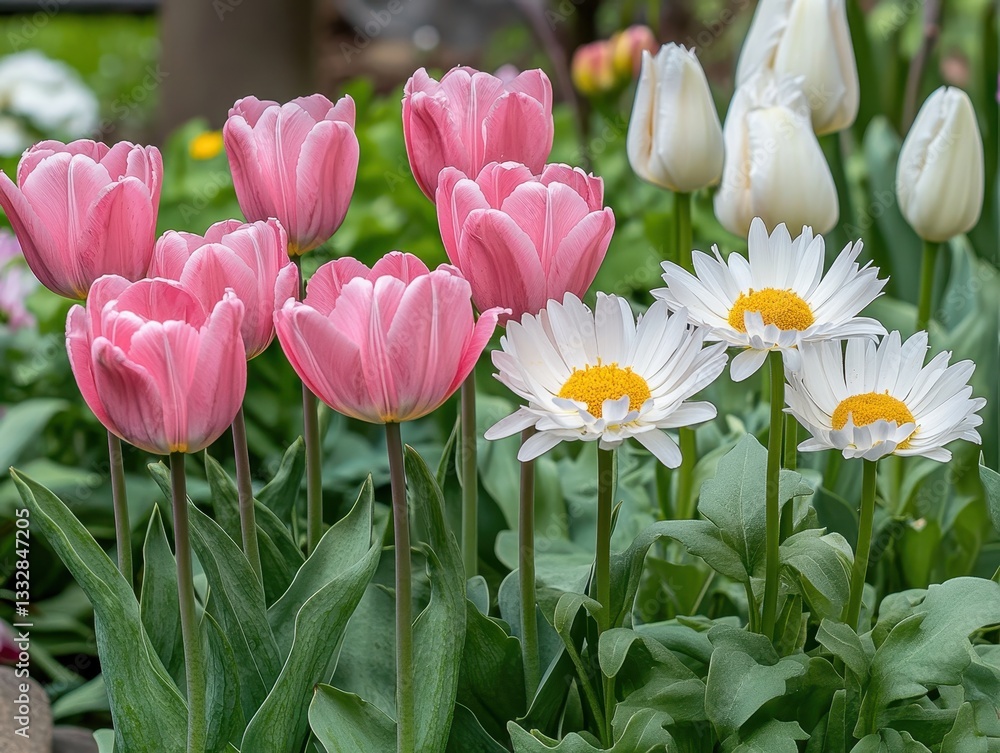 Fototapeta premium Vibrant Pink Tulips and White Daisies Blooming Together in a Lush Garden Setting Surrounded by Green Foliage and Scenic Nature Background