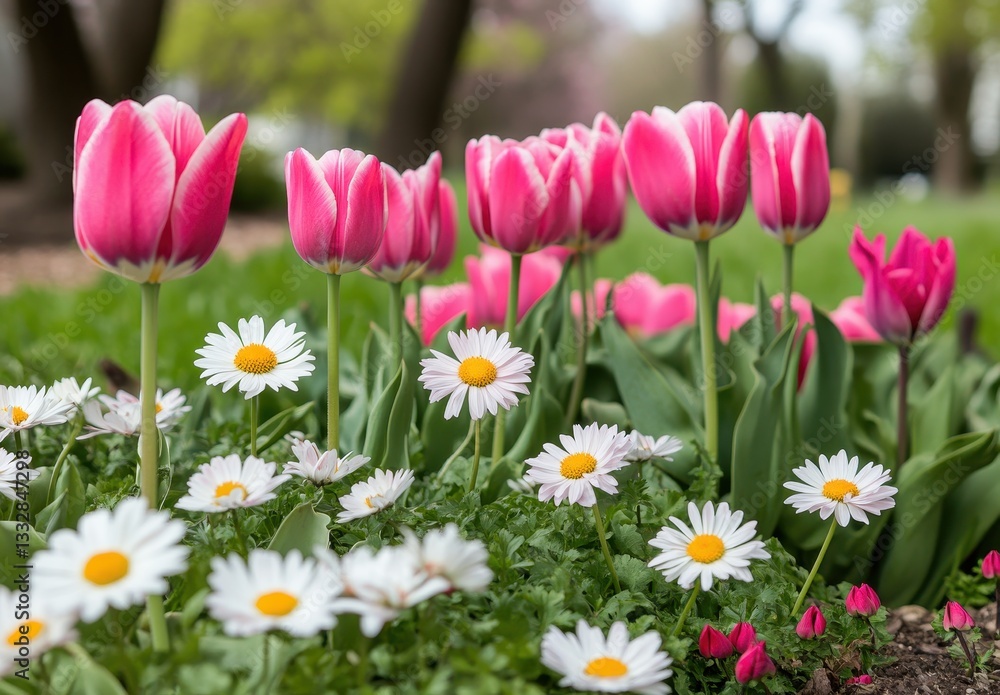 Vibrant Pink Tulips and White Daisies in a Lush Green Garden Setting with Soft Natural Light and Seasonal Spring Colors Vibrant Pink Tulips and White Daisies in a Lush Green Garden Setting with Soft Natural Light and Seasonal Spring Colors