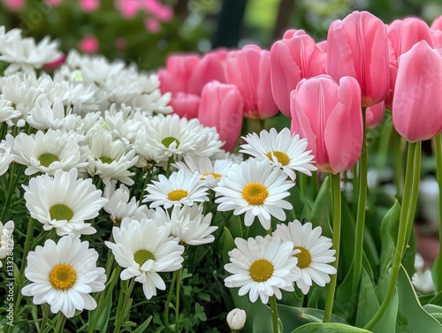 Vibrant Pink Tulips and White Daisies in Bloom Capturing the Essence of Springtime Beauty in a Colorful Floral Arrangement