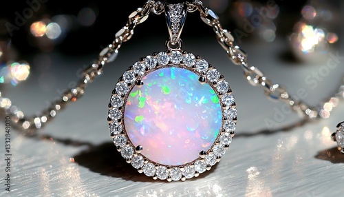 An elegant pendant necklace features a precious opal gemstone and diamonds