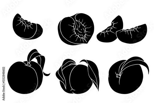 Set of silhouettes, stamps of peach fruits and nectarine pieces. Vector graphics.
