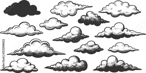 Set of clouds in hand drawn vintage retro style isolated on white background. Cartoon design elements. Vector illustration.
