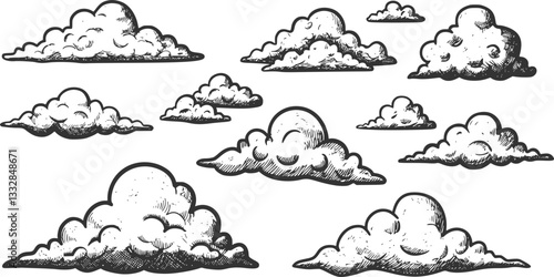 Set of clouds in hand drawn vintage retro style isolated on white background. Cartoon design elements. Vector illustration.

