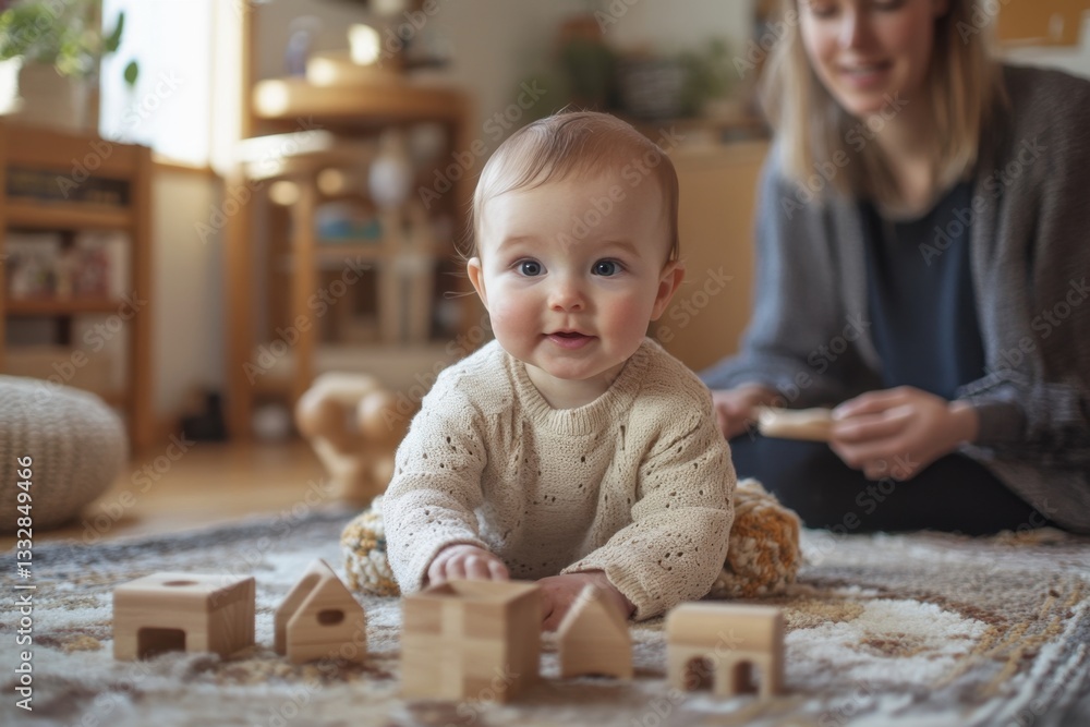Adorable Baby Playing with Wooden Blocks in Cozy Living Room Setting Adorable Baby Playing with Wooden Blocks in Cozy Living Room Setting