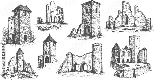 Set hand draw sketches ancient ruins stone castle or building in monochrome engraving style. Vector illustration.
