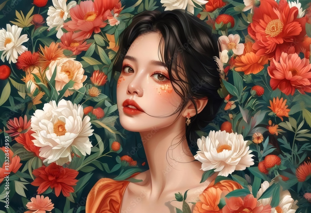 Portrait of a Woman Surrounded by Lush Red and White Flowers Portrait of a Woman Surrounded by Lush Red and White Flowers
