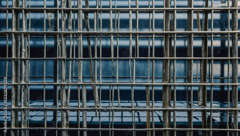 Close-up of metal grid over glass bricks window Close-up of metal grid over glass bricks window