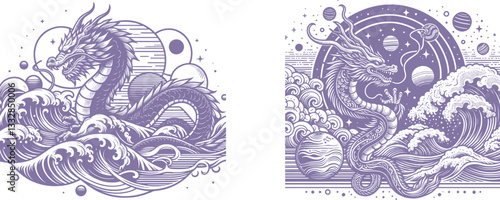 set of water dragon in ocean waves and planets vector illustration, engraving sketch ink poster black illustration etching style tattoo